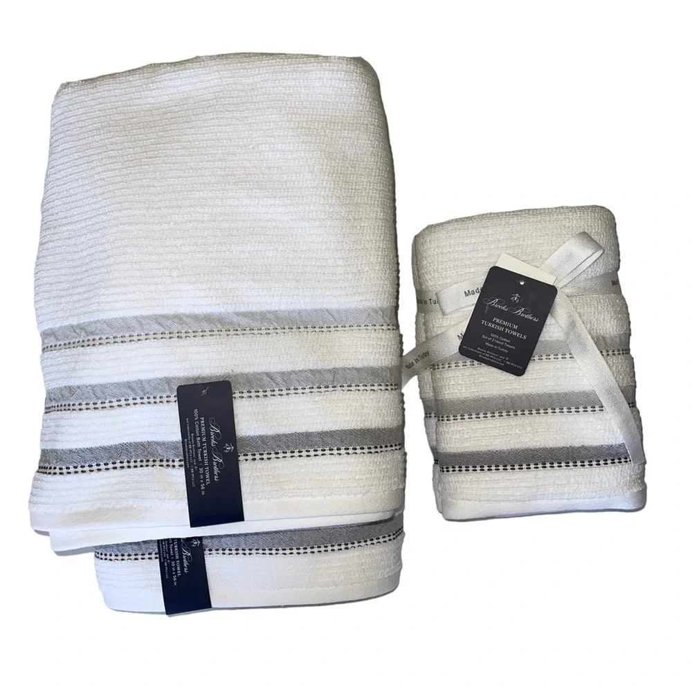 Brooks Brothers Turkish Towel set 2 Bath towels, 2 hand towels white gray NWT